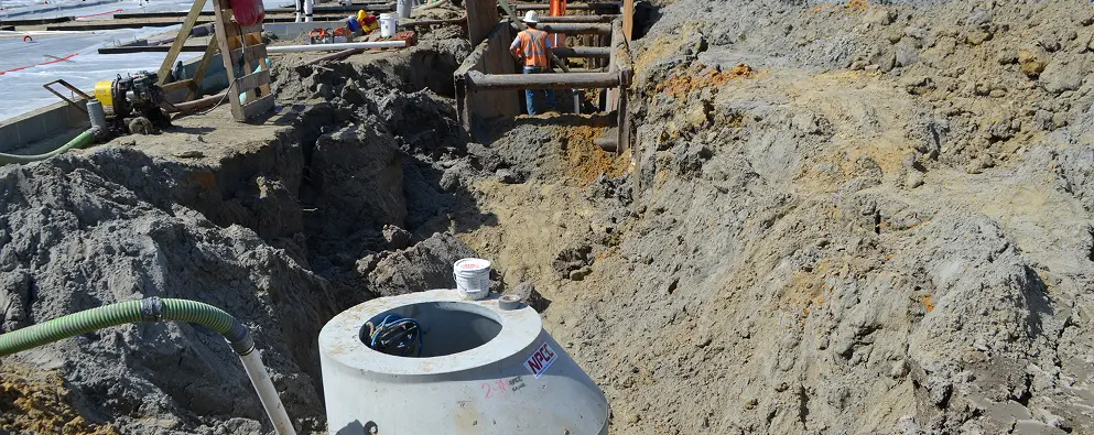Construction site with exposed pipes