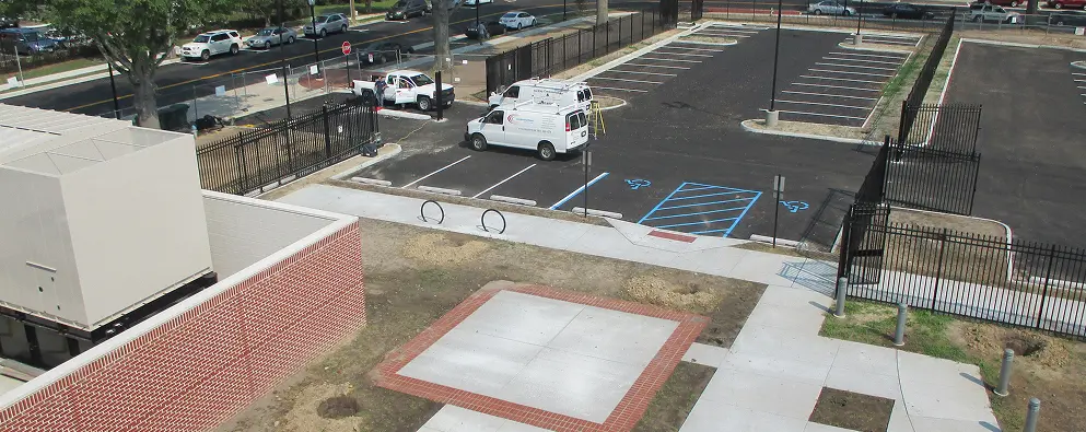 Empty parking spaces and white vehicles